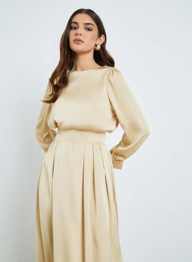 Styli Women Beige Pleated A-Line Maxi Dress